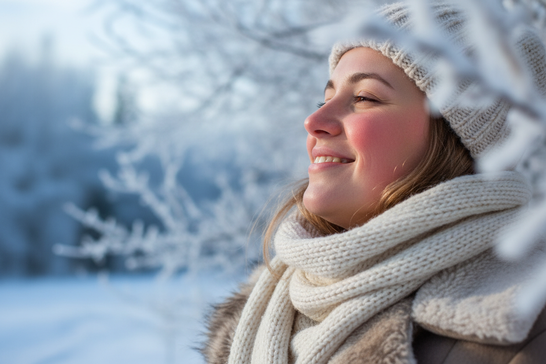 Women with slightly red cheeks in winter